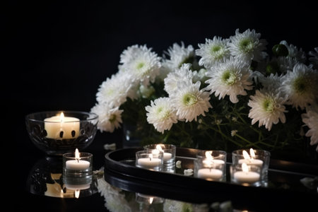 Chrysanthemum burning candle decor. space room. Generate AIの素材