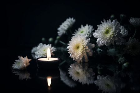 Chrysanthemum burning candle flame. Cozy beauty. Generate AIの素材