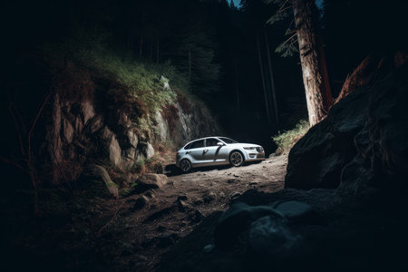 car night forest view. SUV street. Generate AIの素材
