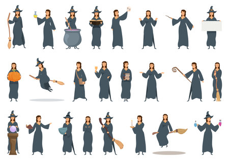 Witch icons set cartoon vector. Woman costume. Magician potionのイラスト素材