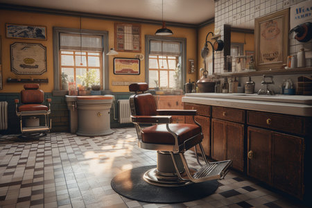 Barbershop vintage room. Hipster chair. Generate AIの素材