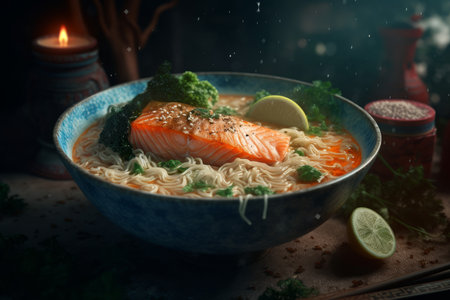 Coconut salmon ramen. table fish food. Generate AIの素材