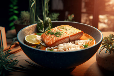Coconut salmon ramen. table fish food. Generate AIの素材
