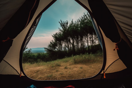 Camping tent forest view. Diversity outdoor. Generate AIの素材