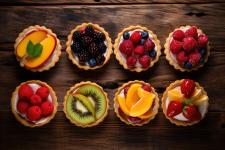Fruit tarts top view. natural cream. Generate AIの素材