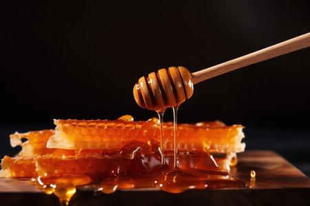 Honeycomb spoon closeup. food liquid. Generate AIの素材