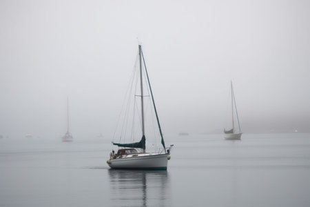 Sailboat foggy lake. park ghost. Generate AIの素材