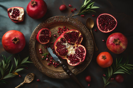 pomegranate composition top view. Vegan food. Generate AIの素材
