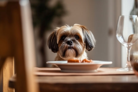 Dog waiting food plate. Care puppy. Generate AIの素材