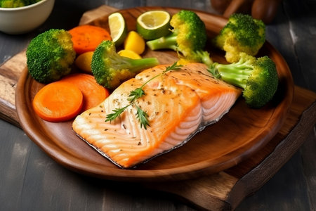 Cooked salmon vegetable. Lemon dish steak. Generate AIの素材