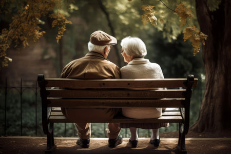 Old couple on bench park. Walk sit. Generate AIの素材