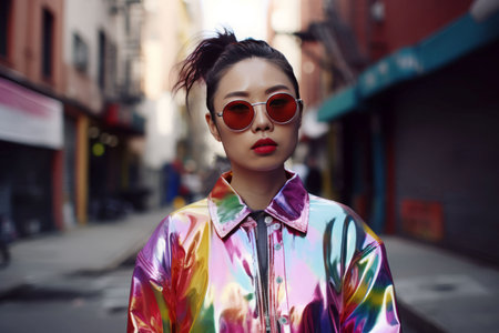 Woman graffiti wall. Face happy urban. Generate AIの素材