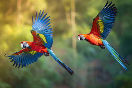 Macaw parrots flying forest. color tropical. Generate AIの素材