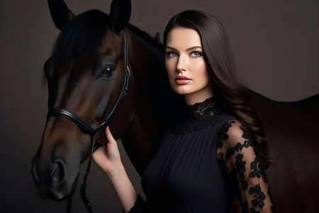 Woman black horse. female happy. Generate AIの素材