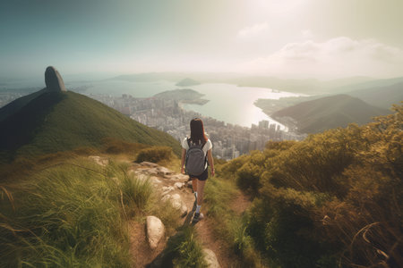 girl hiking up. Sunlight young map. Generate AIの素材