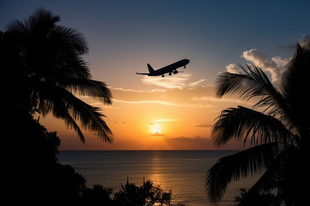 Airplane tropical sunset landing. exotic summer. Generate AIの素材