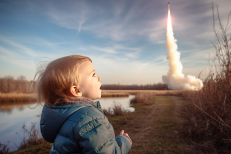 Rocket sky launch. Grass spring. Generate AIの素材