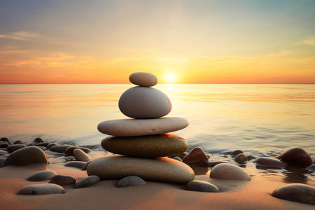 Zen stones beach sunset. travel sky. Generate AIの素材