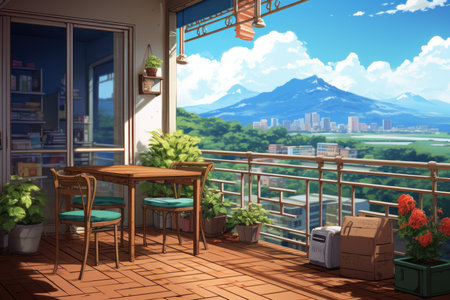 Balcony landscape anime visual novel game. patio design. Generate AIの素材