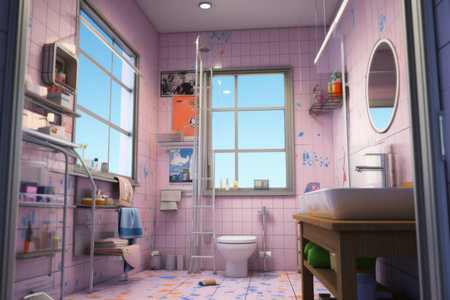 Bathroom kids anime visual novel game. door glass. Generate AIの素材