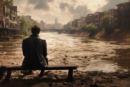 Man sit city river flow. rain town. Generate AIの素材