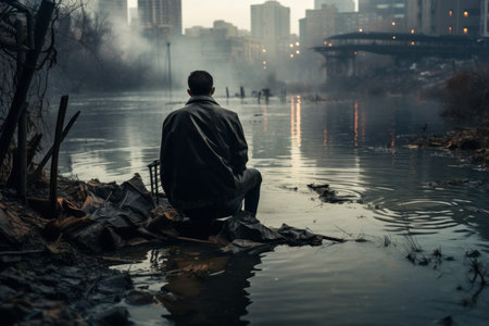 Man sits city river place. urban view. Generate AIの素材