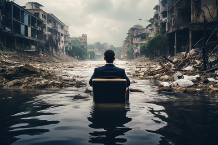 Man sits armchair city river. road town. Generate AIの素材