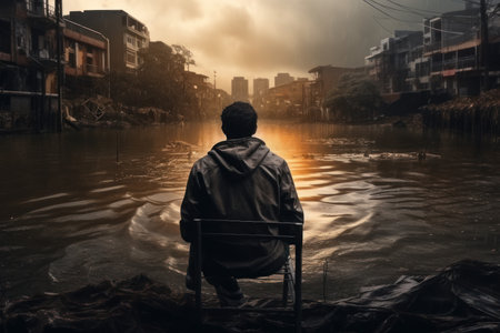 Man sit city river sunset. travel retro. Generate AIの素材