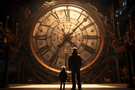 Man and boy stand in front of big clock. travel wall. Generate AIの素材