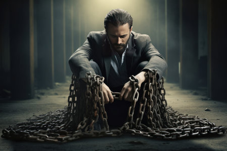 Office man chains by office work. male working. Generate AIの素材