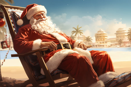 Santa claus beach chair relax. happy holidays. Generate AIの素材