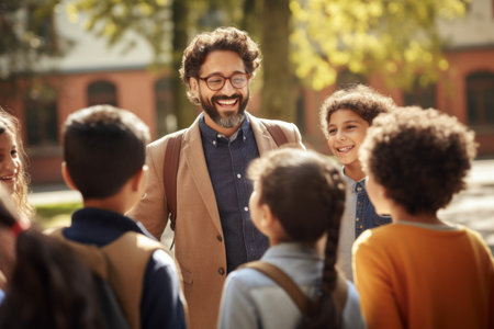 Happy teacher talk students. school classroom. Generate AIの素材