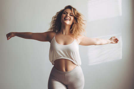 Expressive dance curvy woman at home. clothes size. Generate AIの素材