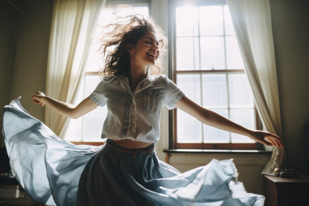 Young woman dancing song. Asian jump. Generate AIの素材