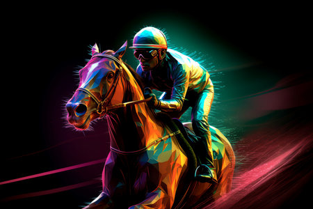 Horse jockey racing neon. Sport finish. Generate AIの素材