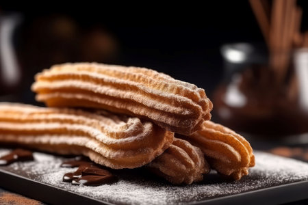 Spanish churros sugar. Snack cooking. Generate AIの素材