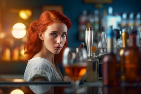 Woman red hair bartender. Making bar cocktail. Generate AIの素材