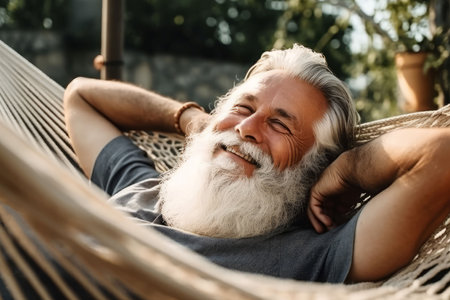 Elderly man hammock resting. positive smile. Generate AIの素材