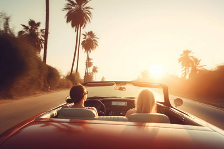 Friends car driving sunset. radio fun. Generate AIの素材