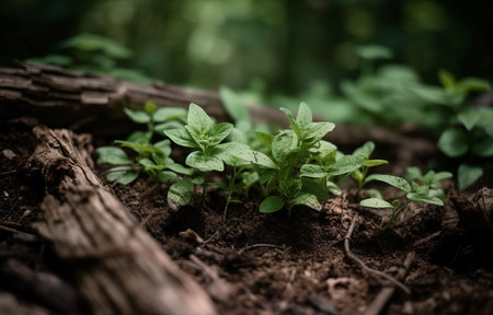 Plant growing soil closeup. farm nature. Generate AIの素材