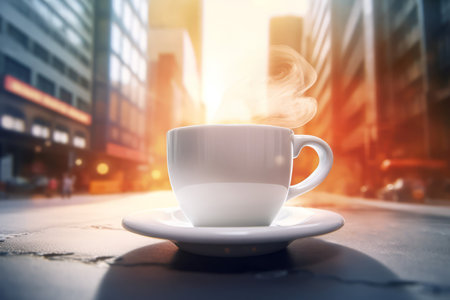 Cup coffee city. Cafe art city. Generate AIの素材