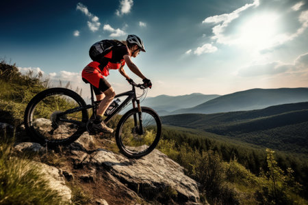 Female cyclist mountain ride. nature race. Generate AIの素材