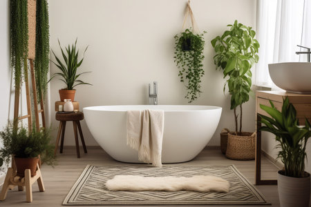 Bathroom decorated with green plants. wall home. Generate AIの素材