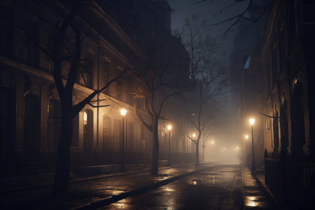 Foggy night street. Dark mist. Generate AIの素材