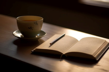 Book tea composition. Tea cup relax. Generate AIの素材