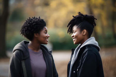 Black woman couple park. Romance happy. Generate AIの素材