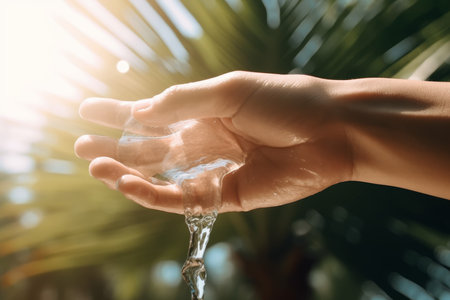 Flowing water hand sun. Wash faucet. Generate AIの素材