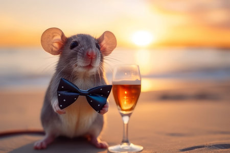 Happy mouse sunglass sunset. party parasol. Generate AIの素材