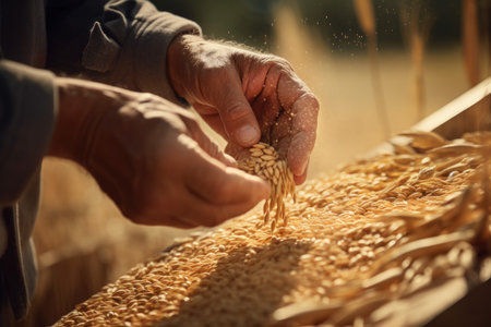 Hand grain wheat. Organic whole. Generate AIの素材