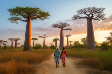Baobab couple travel sunset. People love. Generate AIの素材